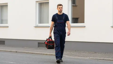 Techniker mit Werkzeugtasche auf dem Weg zum Einsatzort