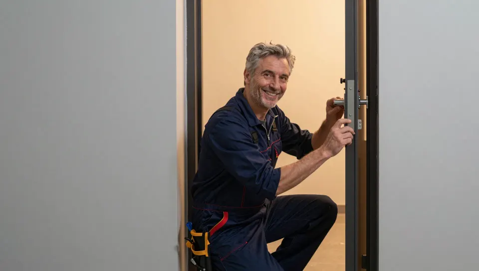 Techniker kniet vor einer Wohnungstür und arbeitet am Schloss