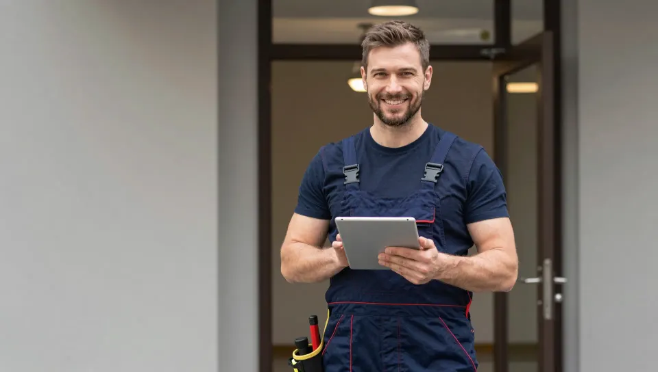 Techniker im Gespräch vor einer Haustür, Tablet in der Hand