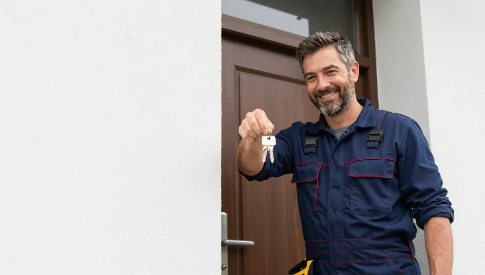 Techniker und Kundin an der geöffneten Haustür mit Schlüsselbund