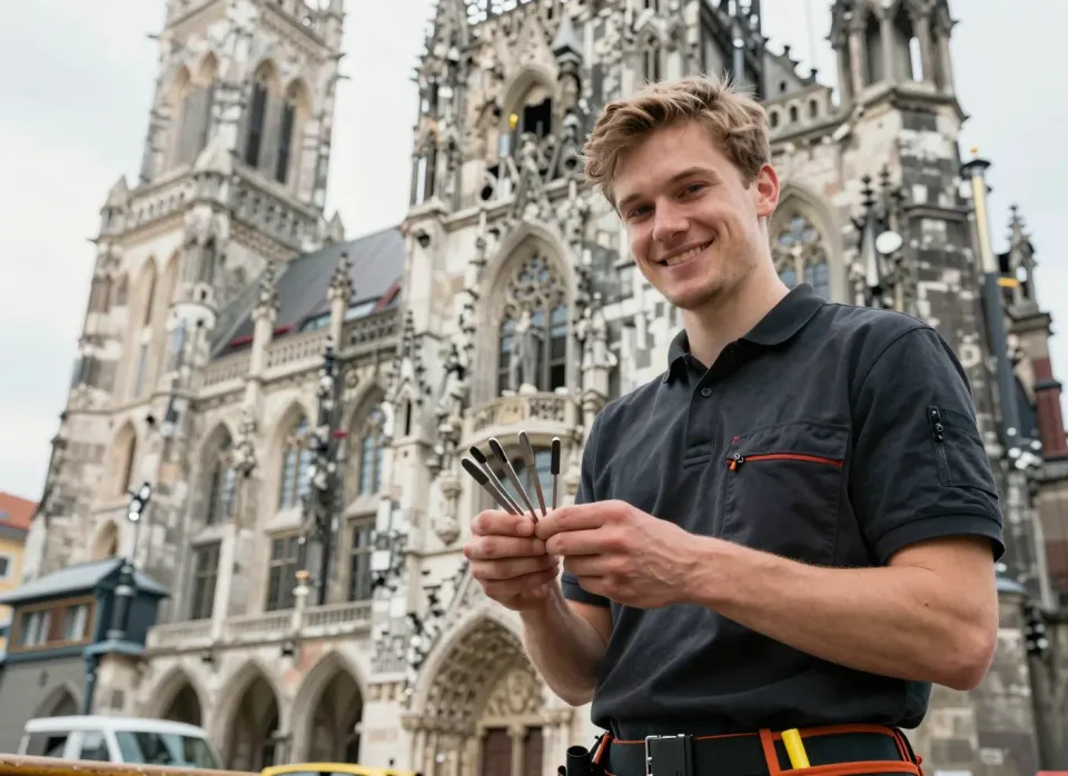 Schlüsseldienst-Techniker mit Werkzeug vor der Münchner Frauenkirche