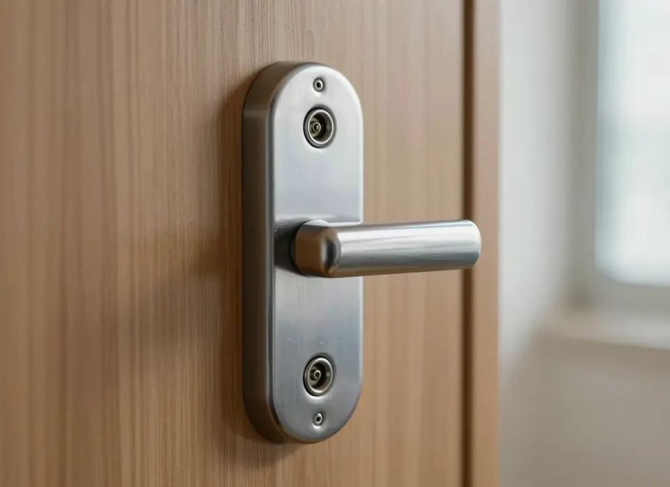 Langschild mit Türdrücker und Schließzylinder an einer Wohnungstür