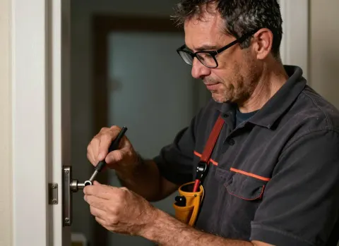 Fachkraft arbeitet konzentriert an einem Türschloss