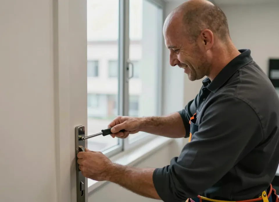 Fachkraft öffnet eine Wohnungstür mit feinem Werkzeug